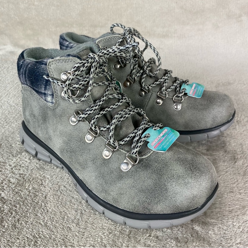 Skechers‎ Boots Womens Size 7 Cloud Gray Fur Lined Plaid Ankle Hiking Snow NEW